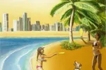 Two girls playing tennis on a beach