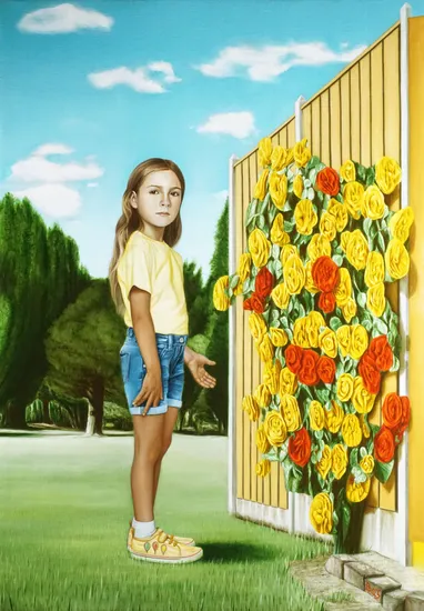 Girl showing a rose bush