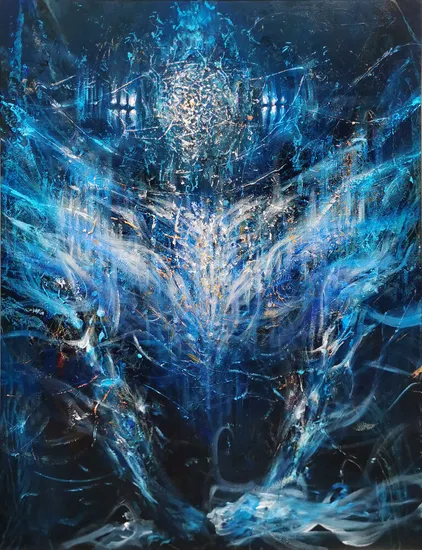 Large XXL enigmatic metaphysical blue abstract angel composition