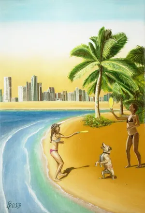 Two girls playing tennis on a beach