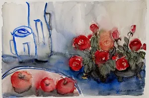 Still life with apples and roses in the vase