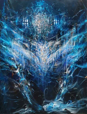 Large XXL enigmatic metaphysical blue abstract angel composition